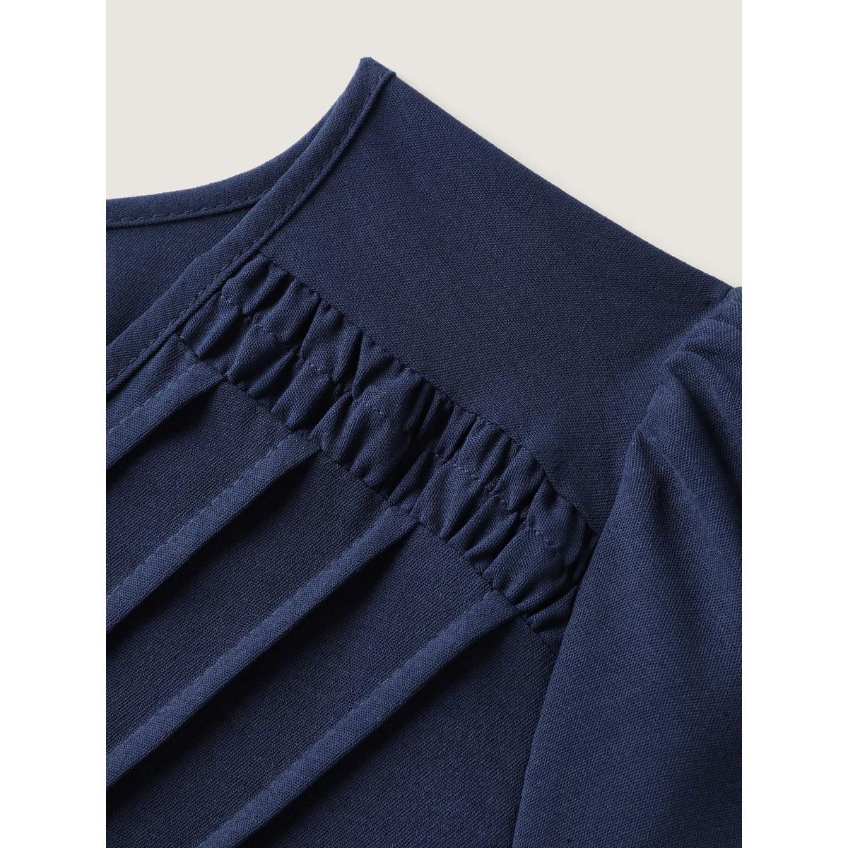 Plus Size Indigo Lace Plicated Detail Cinched Flared Blouse Women Office Short sleeve V-neck Office Blouses BloomChic 14-16/1X Product Image