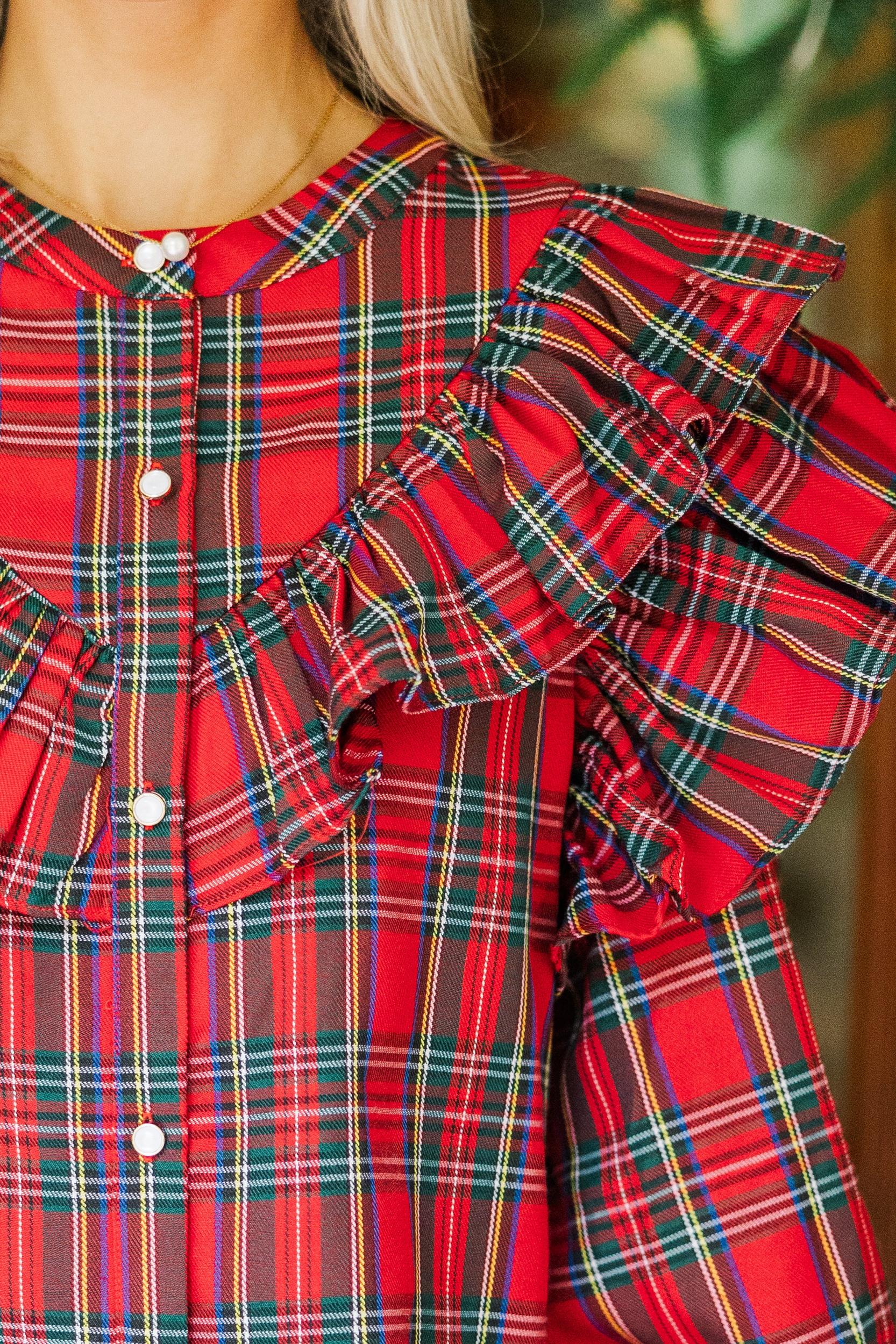 It's All Possible Red Tartan Plaid Button Down Blouse Female Product Image