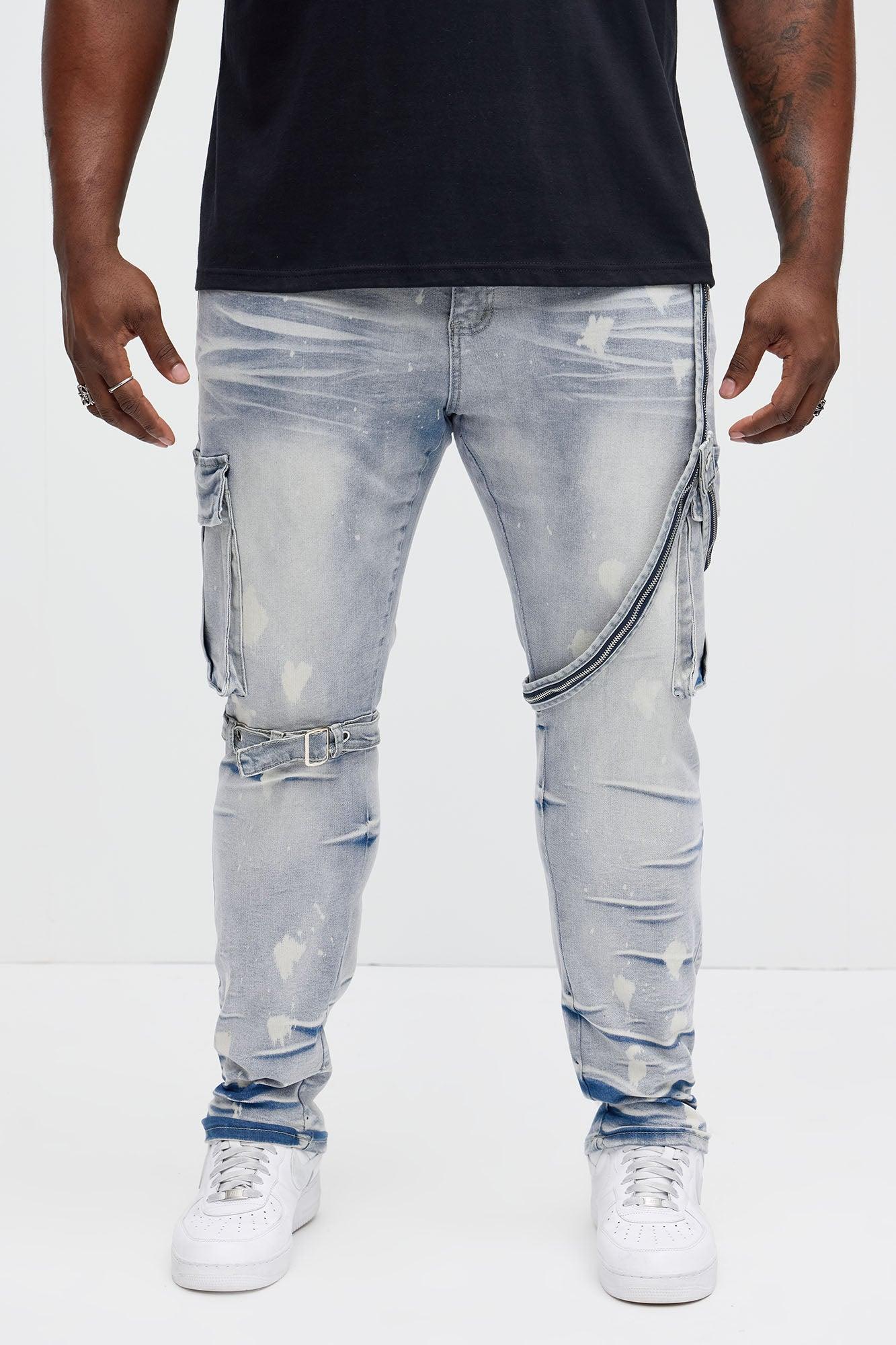 Buckle And Strap Stacked Skinny Jeans - Light Wash Product Image