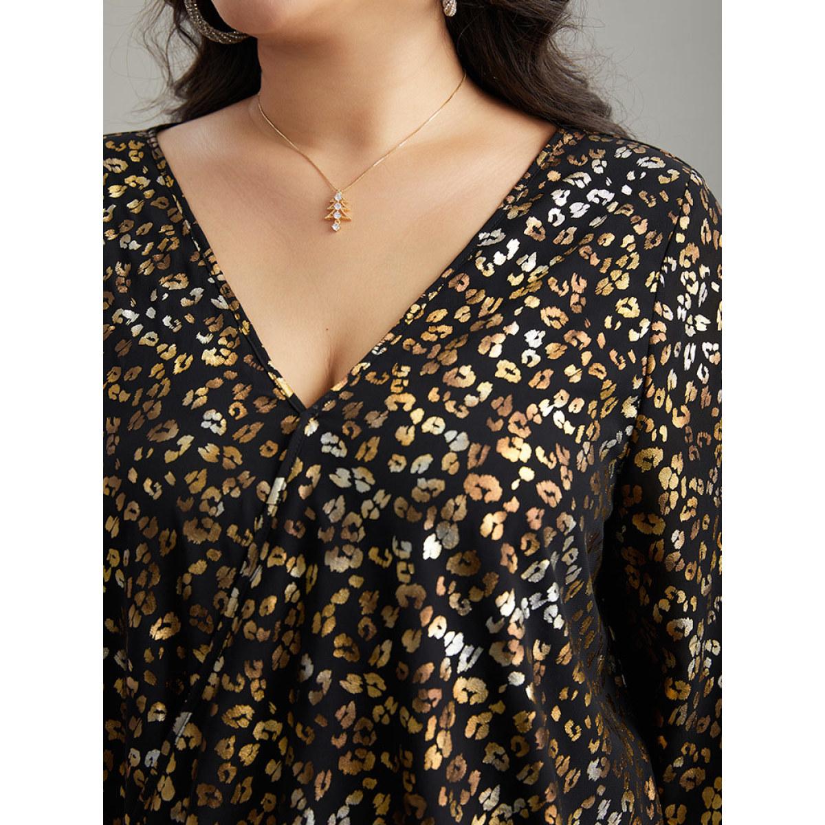 Plus Size Black Leopard Glitter Wrap V Neck Blouse Women Glamour Elbow-length sleeve V-neck Going out Blouses BloomChic 10/M Product Image