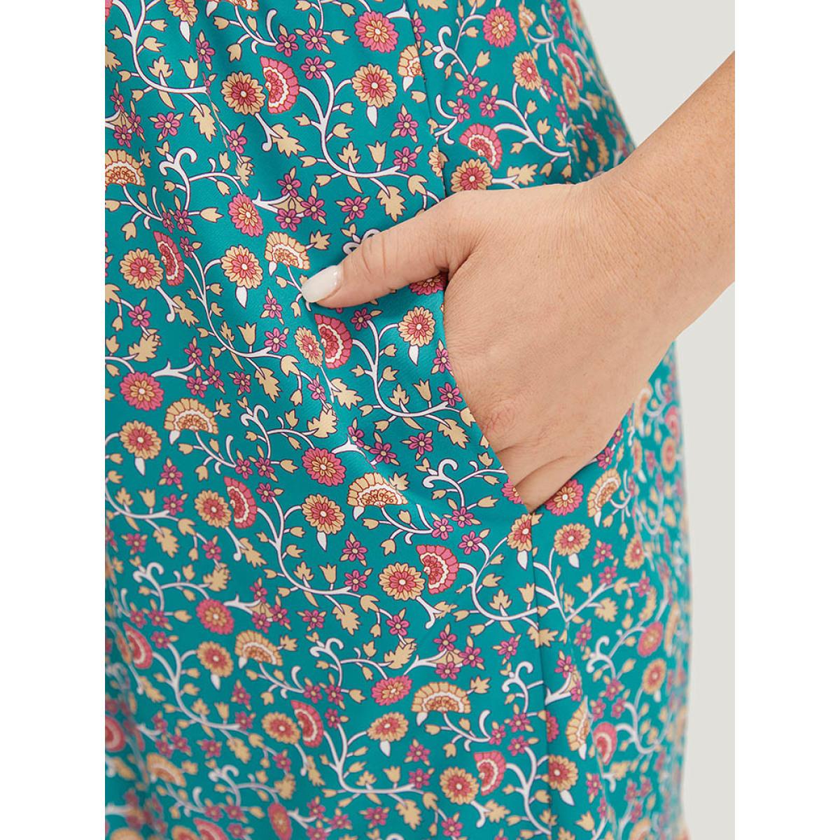 Plus Size Floral Print Button Detail Elastic Waist Patchwork Dress Emerald Women Vacation Gathered V-neck Short sleeve Curvy Midi Dress BloomChic 28/5X Product Image