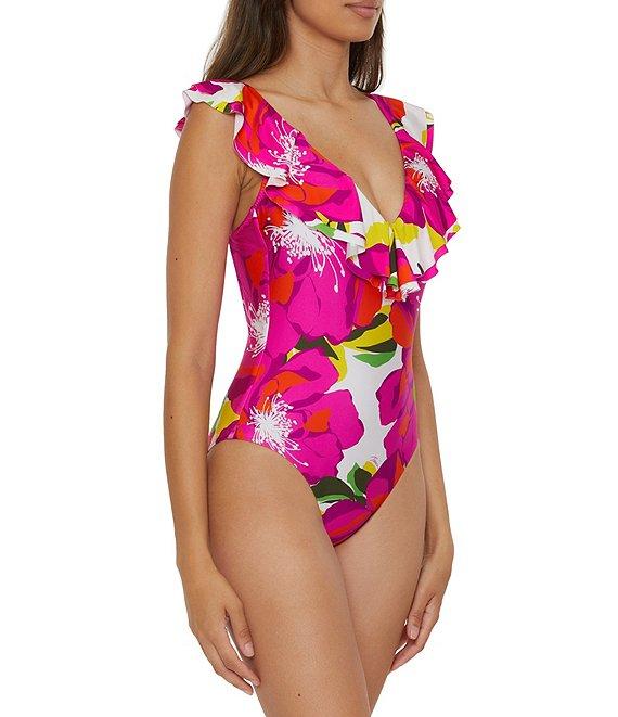 Trina Turk Bloom Plunge-V Neck Cascade Ruffle One Piece Swimsuit Product Image