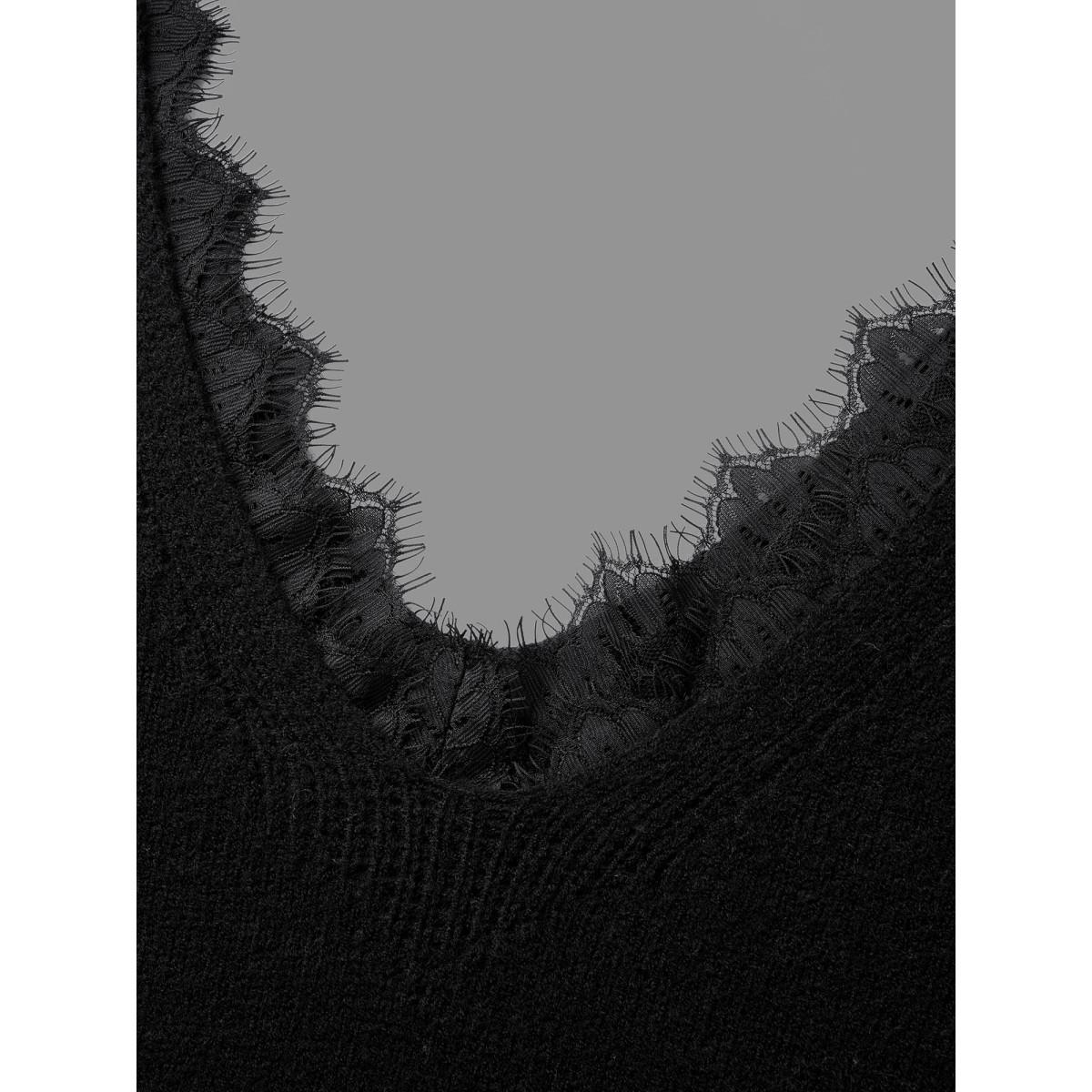 Plus Size V Neck Lace Patchwork Backless Pullover Black Women Elegant Long Sleeve V-neck Everyday Pullovers BloomChic 14-16/1X Product Image