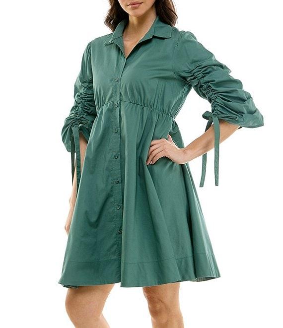 Moda Tara Button Front Collar 3/4 Sleeve Cotton Poplin Shirt Dress Product Image