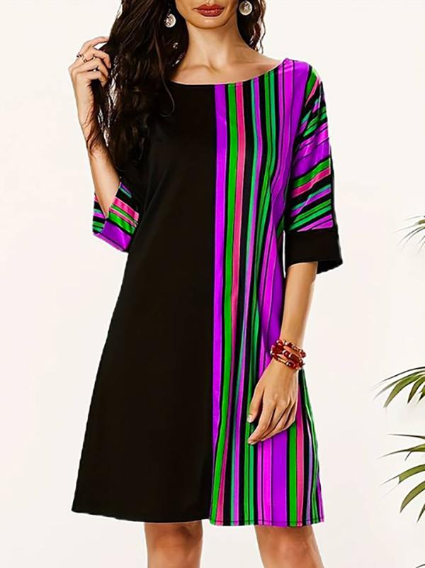 A-Line Half Sleeves Asymmetric Contrast Color Striped Round-Neck Mini Dresses Product Image
