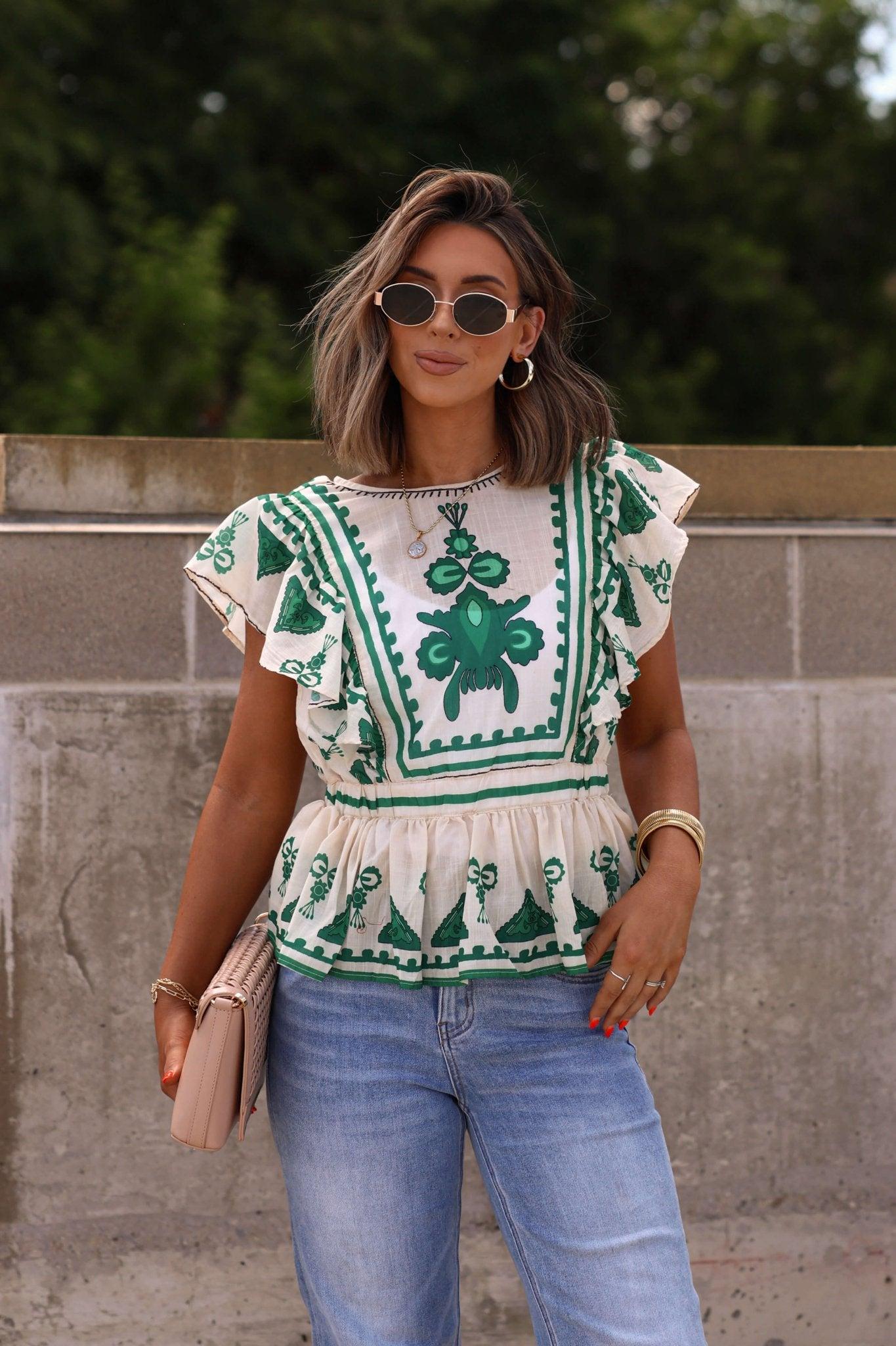 Eliza Green Multi Print Peplum Top - FINAL SALE Product Image