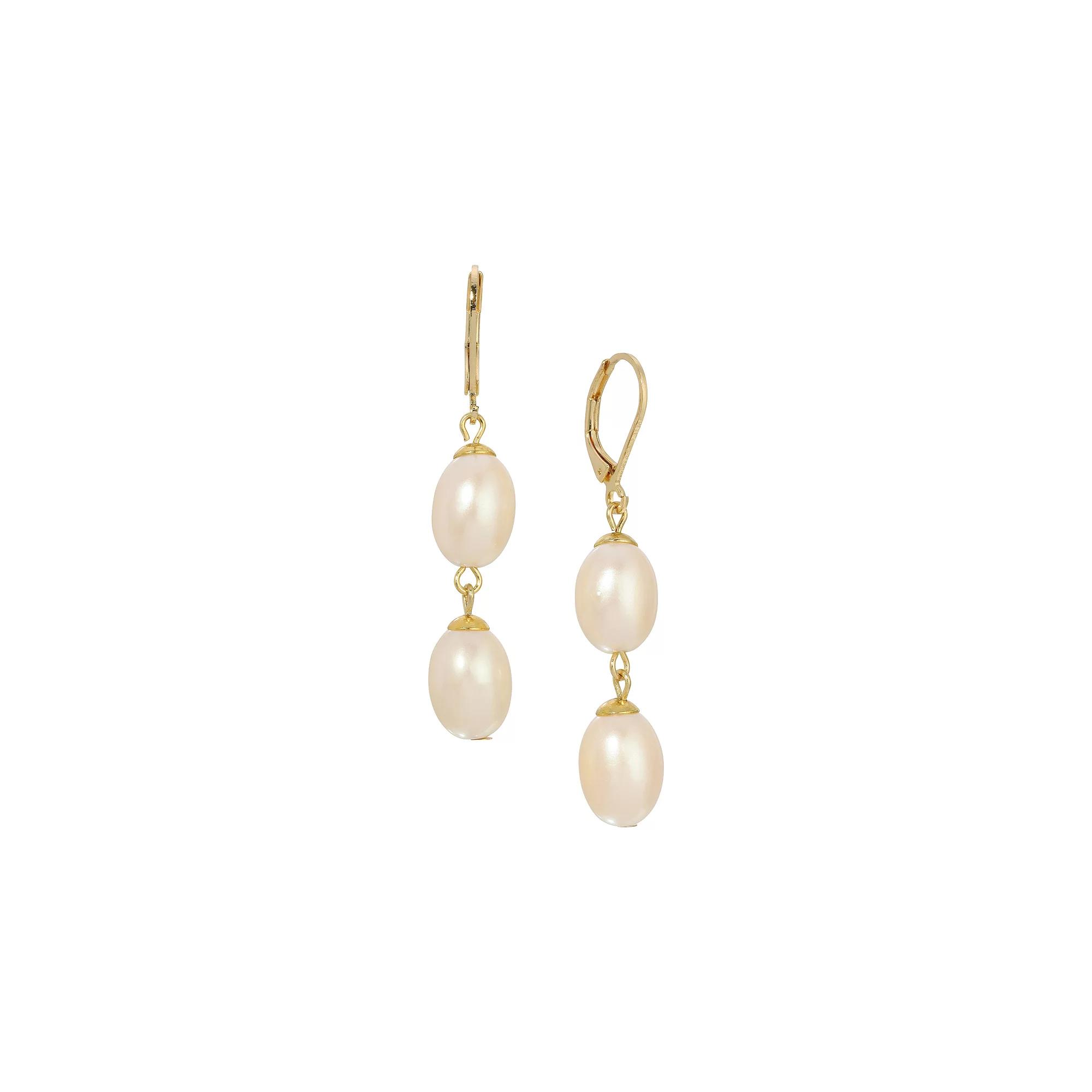 1928 Gold-Tone Double Simulated Pearl Drop Leverback Earrings, Women's, White Product Image