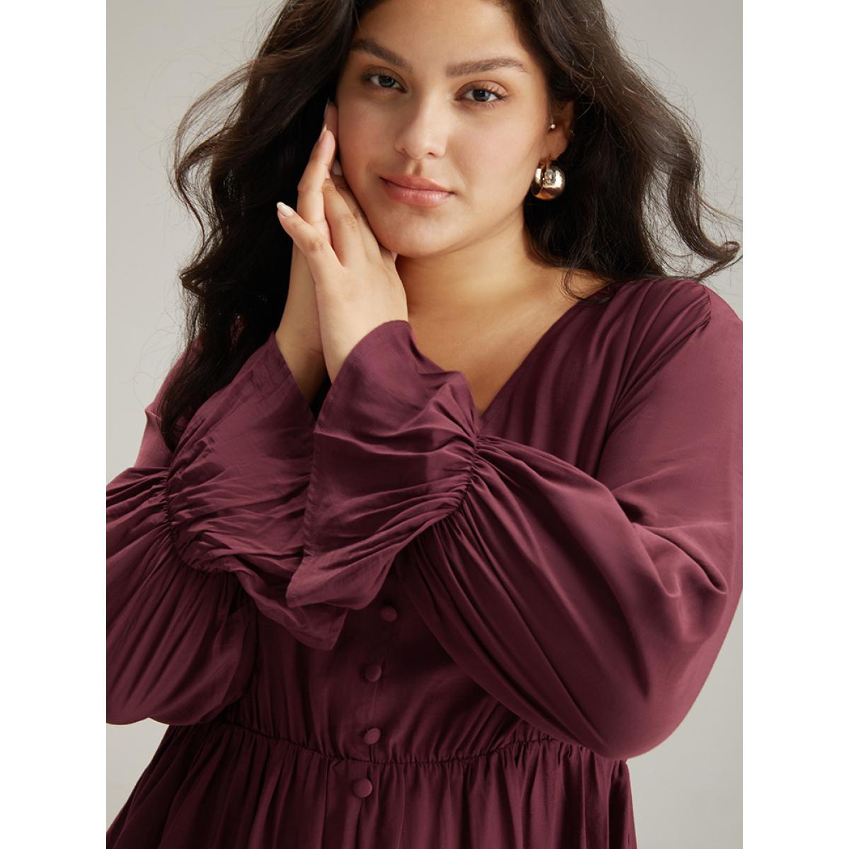 Plus Size Burgundy Button Detail Ruffle Trim Blouse Women Elegant Long Sleeve V-neck Dailywear Blouses BloomChic 18-20/2X Product Image