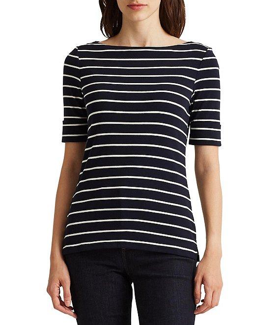 Lauren Ralph Lauren Stripe Stretch Boat Neck Short Sleeve Shirt Product Image