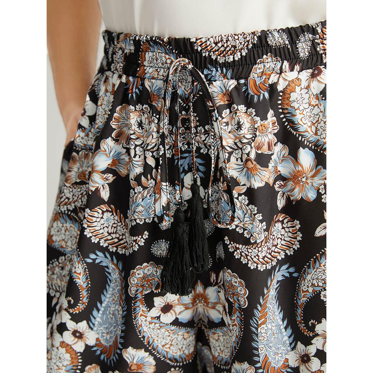 Plus Size Boho Print Tassel Elastic Waist Pants Women Black Resort Straight Leg High Rise Vacation Pants BloomChic 14-16/1X Product Image