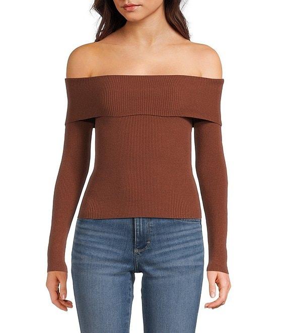 Double Zero Cropped Ribbed Knit Off-The-Shoulder Long Sleeve Top Product Image