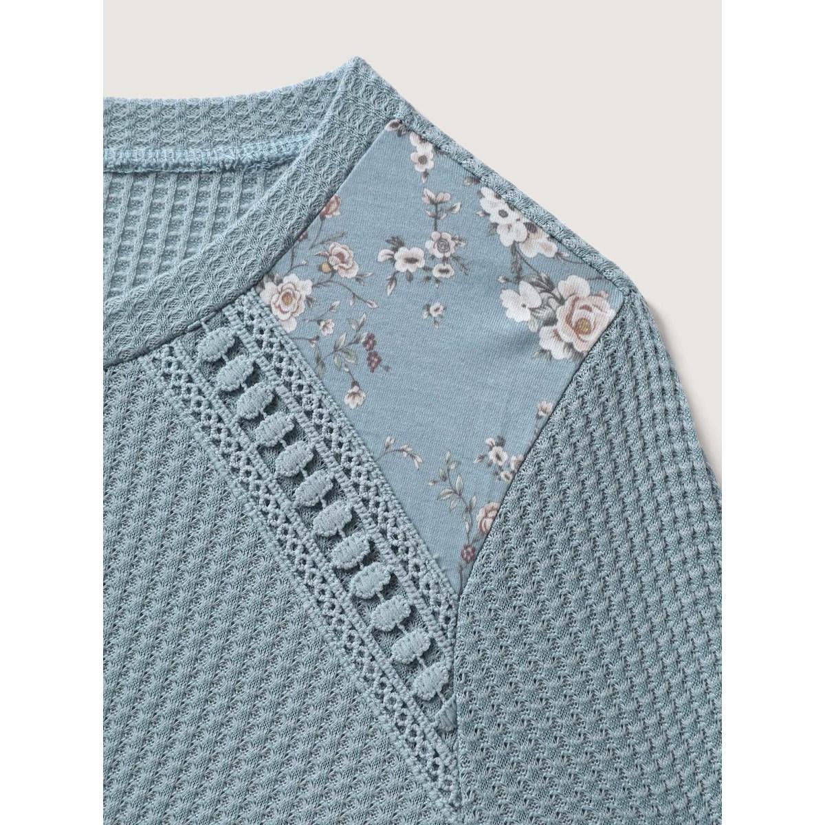 Plus Size Waffle Spliced Floral Lace Sweatshirt Women Stone Leisure Round Neck Casual Sweatshirts BloomChic 18-20/2X Product Image