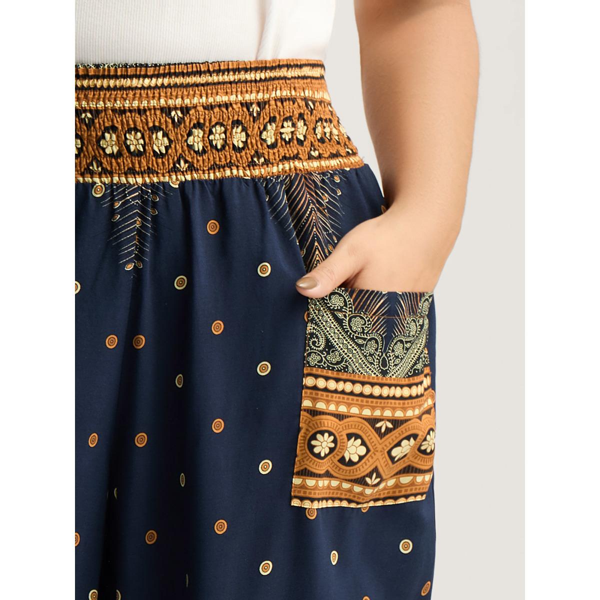 Plus Size Peacock Print Shirred Jogger Pants Women Indigo Boho Mid Rise Vacation Pants BloomChic 10/M Product Image