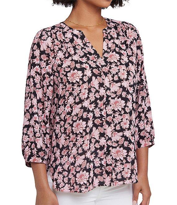 NYDJ Woven Floral Printed Split V-Neck Button Front 3/4 Sleeve Blouse Product Image