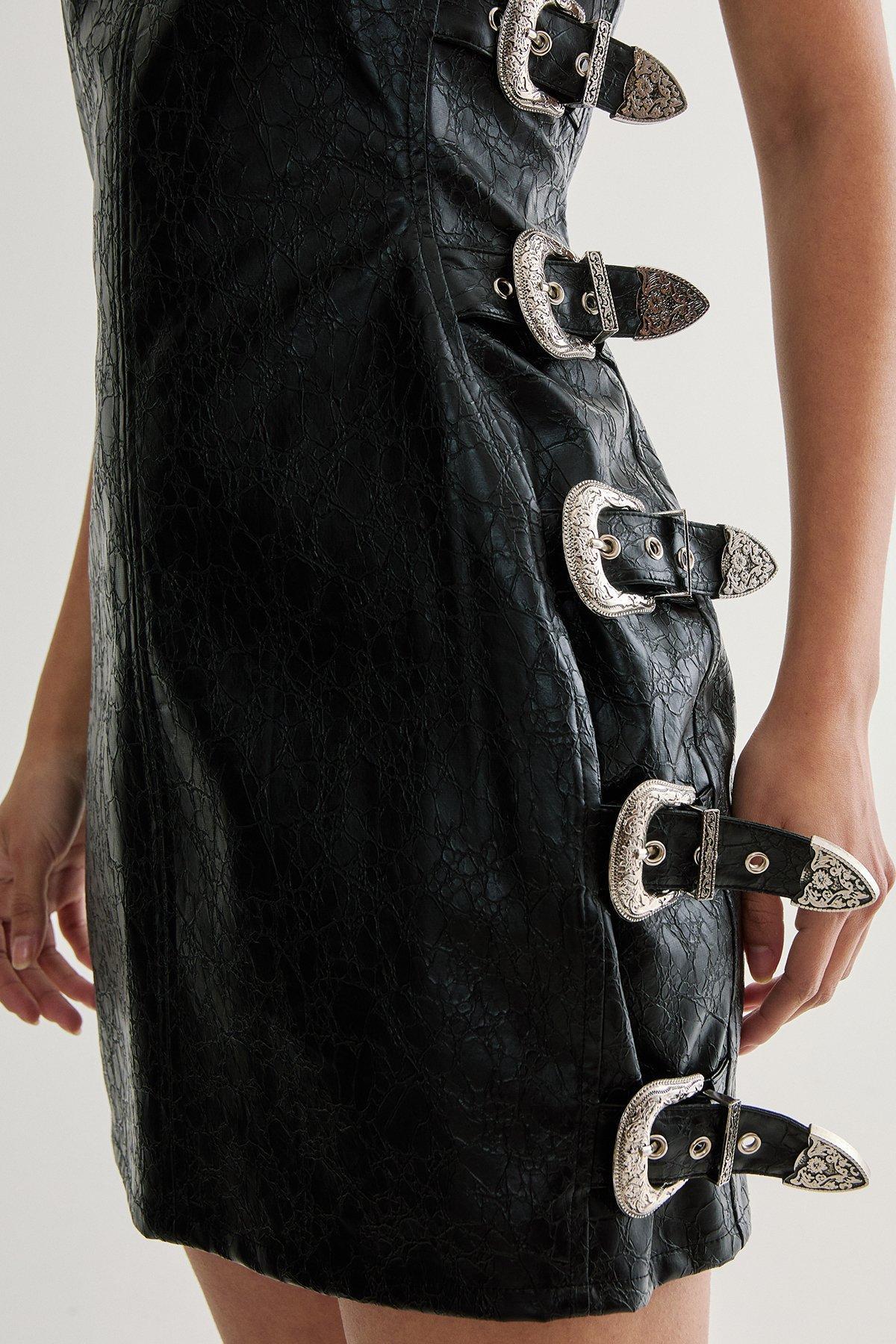 Distressed Faux Leather Buckle Detail Dress Product Image