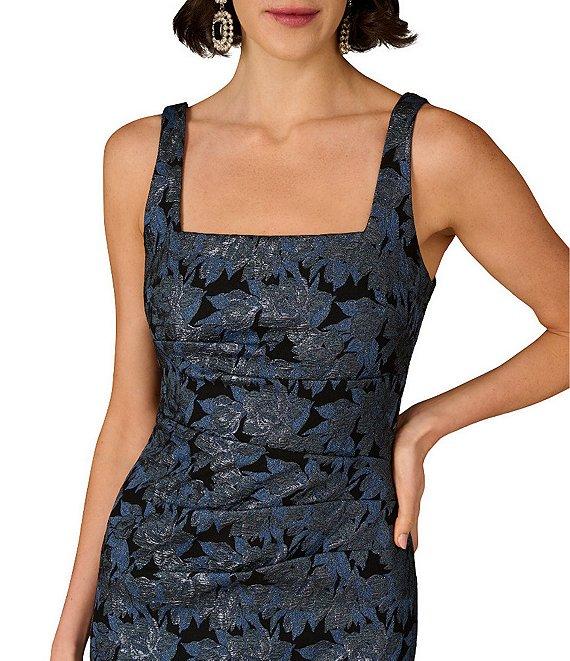 Aidan Mattox Stretch Jacquard Square Neck Pleated Sheath Midi Dress Product Image
