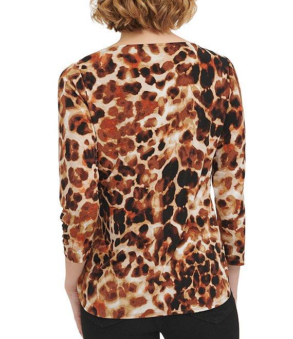 Calvin Klein Stretch Printed Split V Neckline 3/4 Sleeve Blouse Product Image