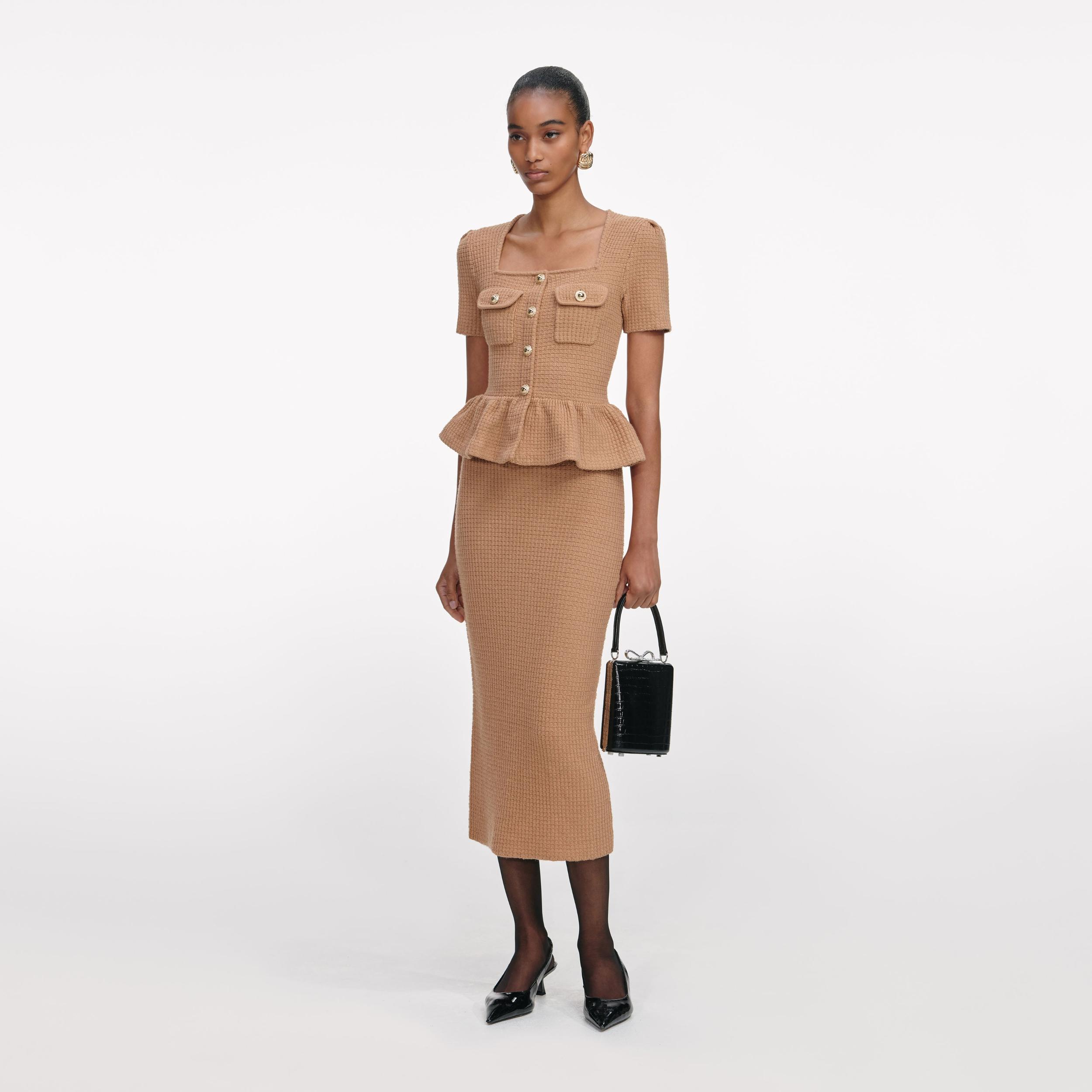 Camel Peplum Knit Midi Dress Product Image