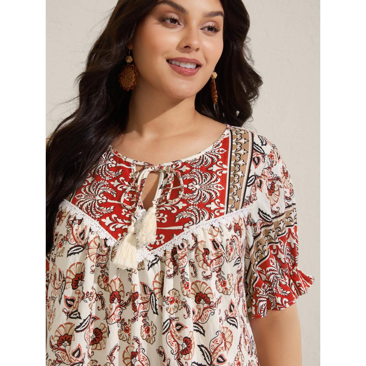 Plus Size Crimson Boho Floral Print Neck Tassels Blouse Women Boho Short sleeve Flat collar with V-notch Vacation Blouses BloomChic 28/5X Product Image