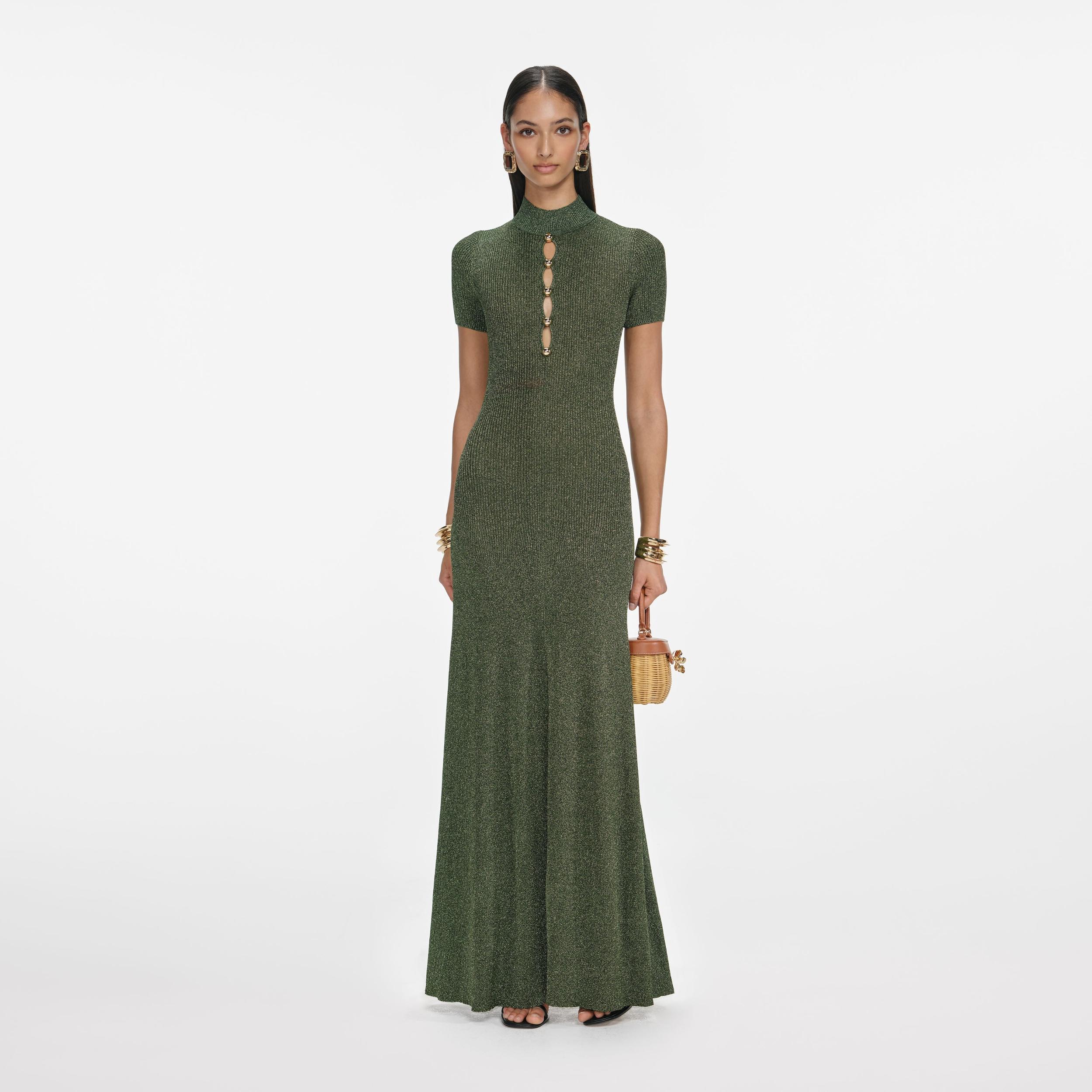 Khaki Lurex Knit Maxi Dress Product Image