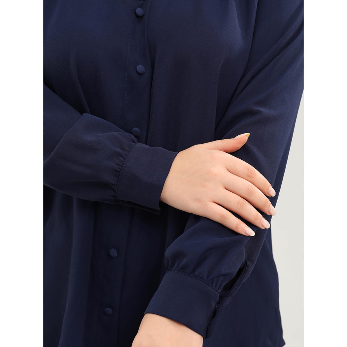 Plus Size Indigo Solid Button Detail Gathered V Neck Blouse Women Elegant Long Sleeve V-neck Dailywear Blouses BloomChic 12/L Product Image