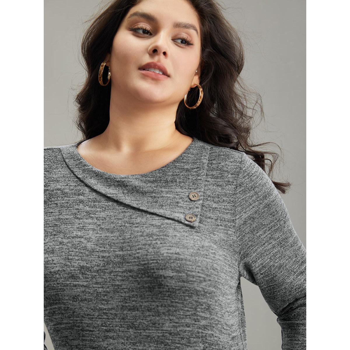 Plus Size Solid Heather Button Detail Pocket Gathered Dress Black Women Work From Home Plain Round Neck Elbow-length sleeve Curvy Midi Dress BloomChic 12/L Product Image