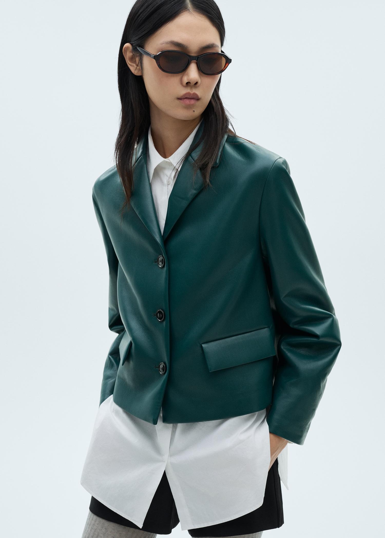 Blazer with flap pockets and leather effect - Women | MANGO USA Product Image