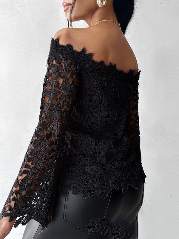 Flared Sleeves Long Sleeves Hollow Solid Color Off-The-Shoulder T-Shirts Tops Product Image