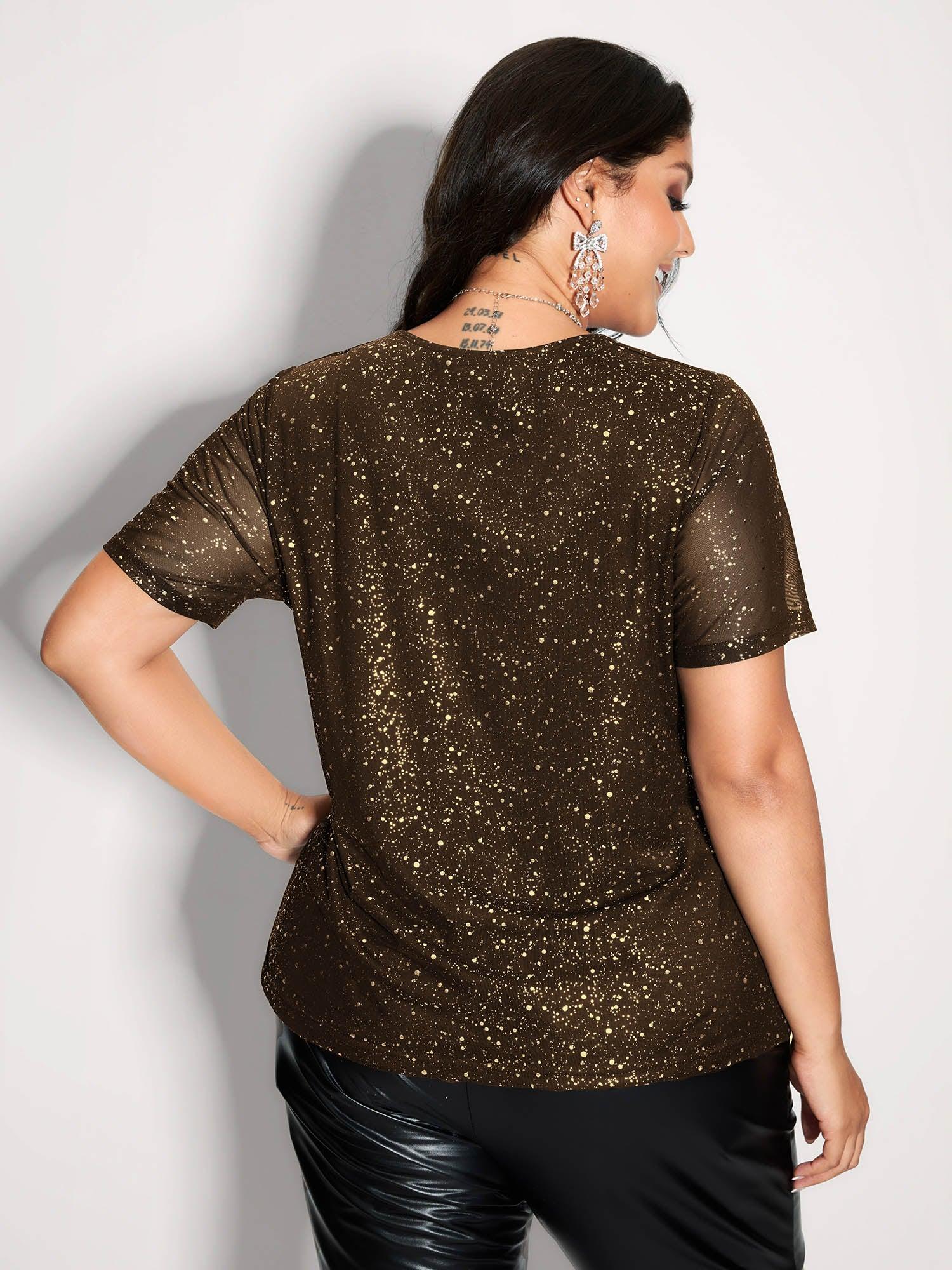 Shimmery Wrap Neck Sheer Sleeve T-Shirt Female Product Image