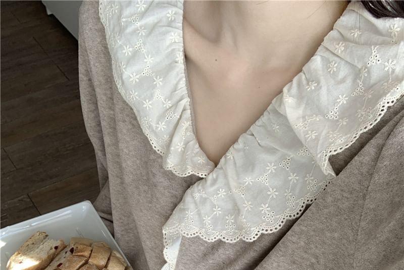 Loungewear Set : Long-Sleeve Lace Trim Shirt + Pants Product Image