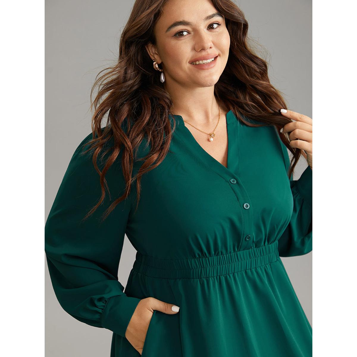 Plus Size Anti-Wrinkle Shirred Gathered Notched Dress Teal Women Office Plain Notched collar Long Sleeve Curvy Midi Dress BloomChic 14-16/1X Product Image