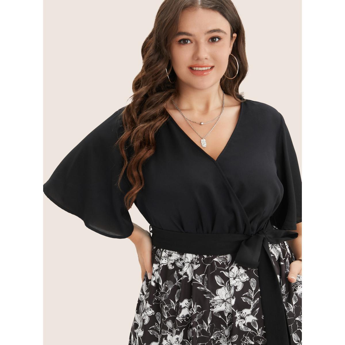 Plus Size Floral Patchwork Pocket Belt Surplice Neck Ruffle Hem Dress Black Women Timeless Patchwork V-neck Short sleeve Curvy Midi Dress BloomChic 12/L Product Image
