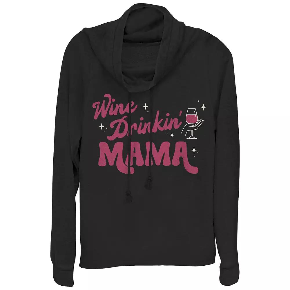 Women's Wine Drinking Mama Cowlneck Graphic Lightweight Long Sleeve, Size: Large, Black Product Image