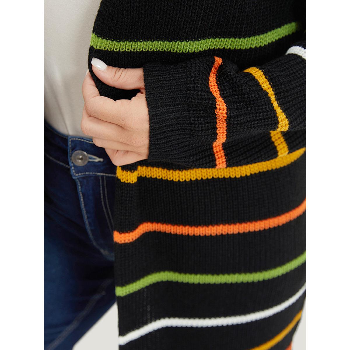 Plus Size Contrast Striped Open Front Loose Cardigan Black Women Casual Loose Long Sleeve Dailywear Cardigans BloomChic 18-20/2X Product Image