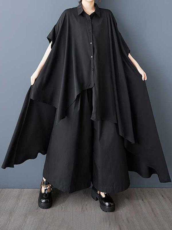 A-Line Half Sleeves Asymmetric Buttoned Pockets Solid Color Lapel Midi Dresses Shirt Dress Product Image