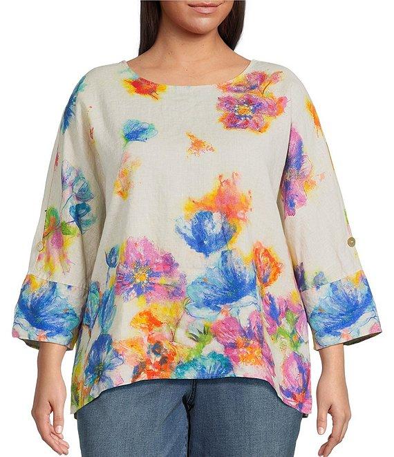 Ali Miles Plus Size Linen Blend Multi Floral Round Neck 3/4 Dolman Roll-Tab Sleeve Tunic Product Image