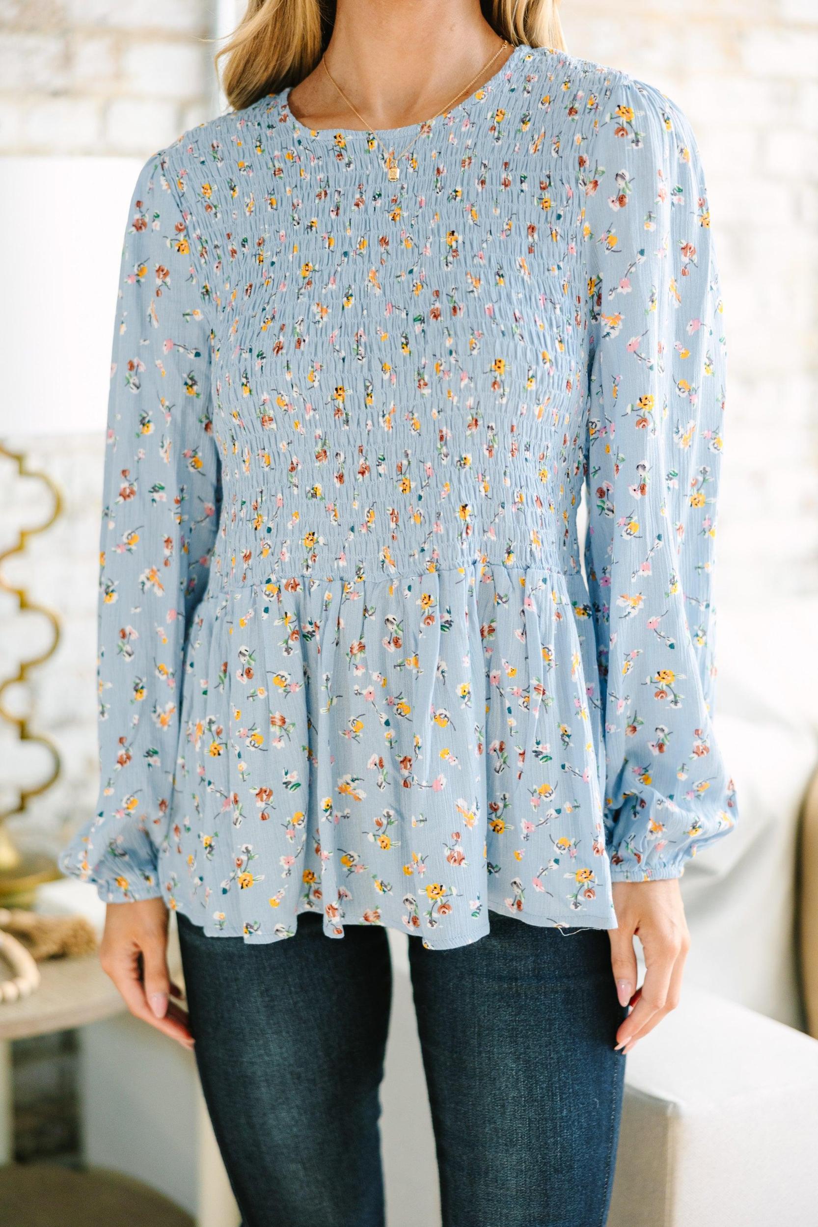 Getting Close Light Blue Ditsy Floral Blouse Female Product Image