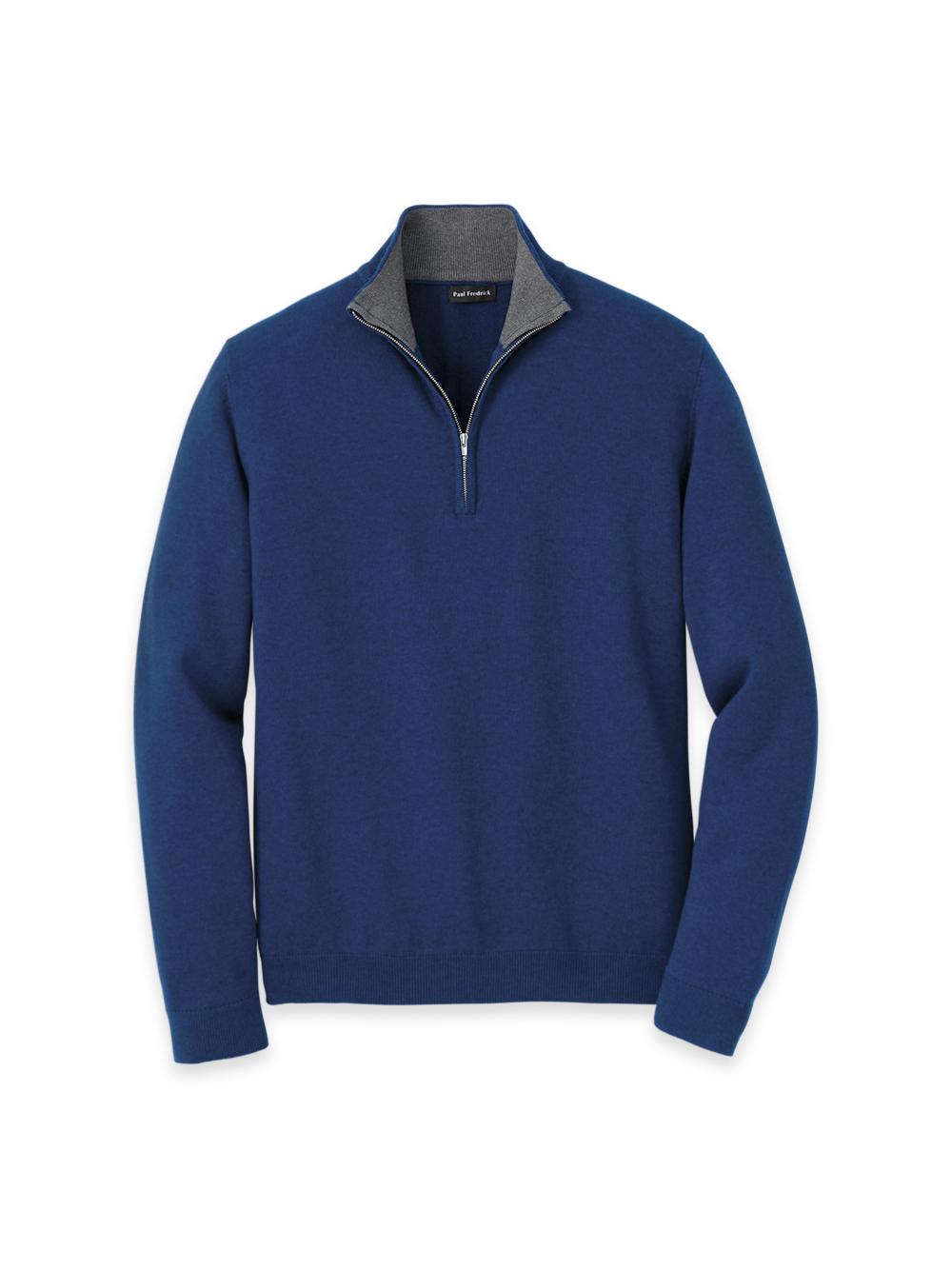 Supima Cotton Quarter Zip Mock Neck Sweater - Dark Blue Product Image