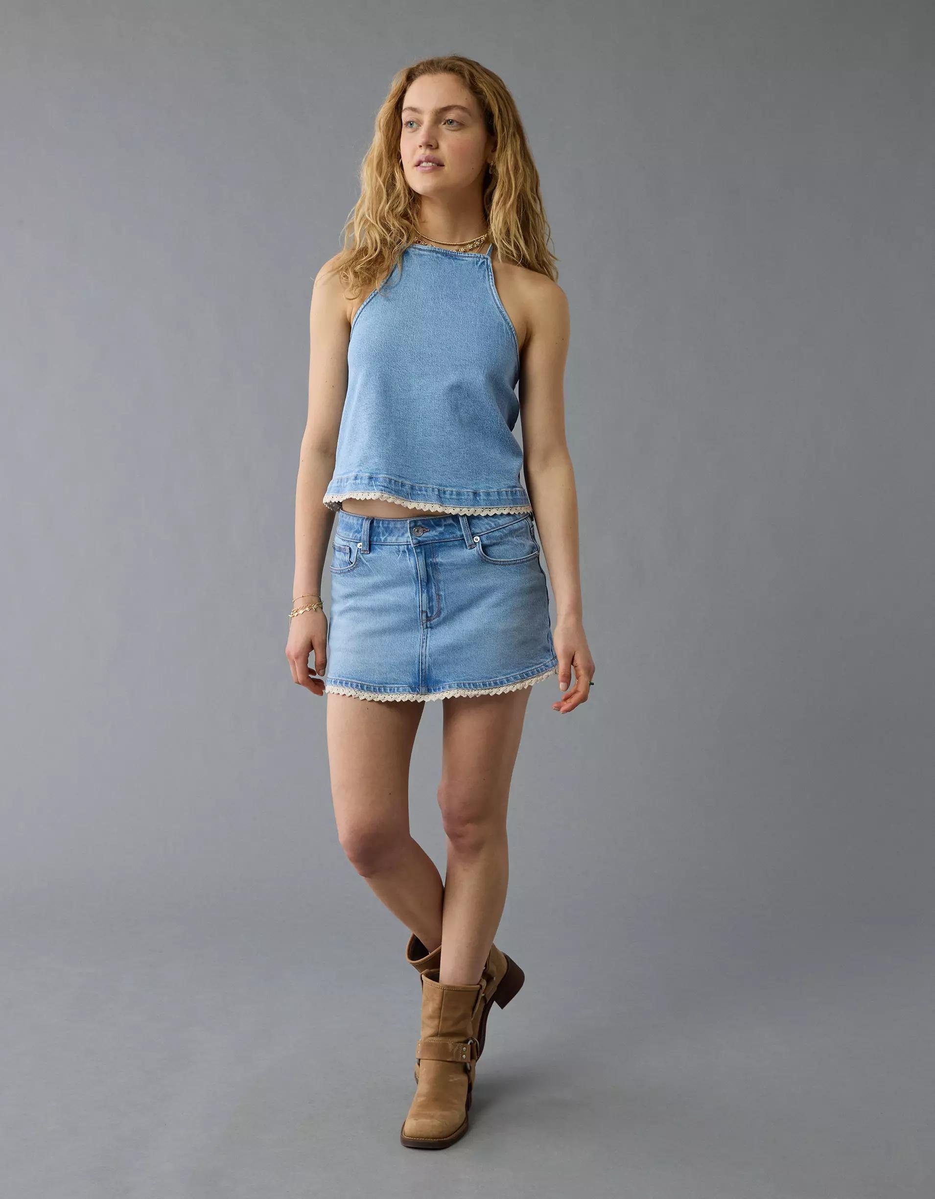 AE Crochet Denim Halter Top Product Image