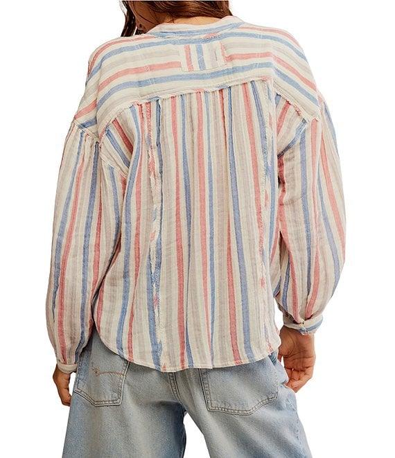 Free People We The Free Striped Valley Double Cloth Banded Collar Long Sleeve Shirt Product Image