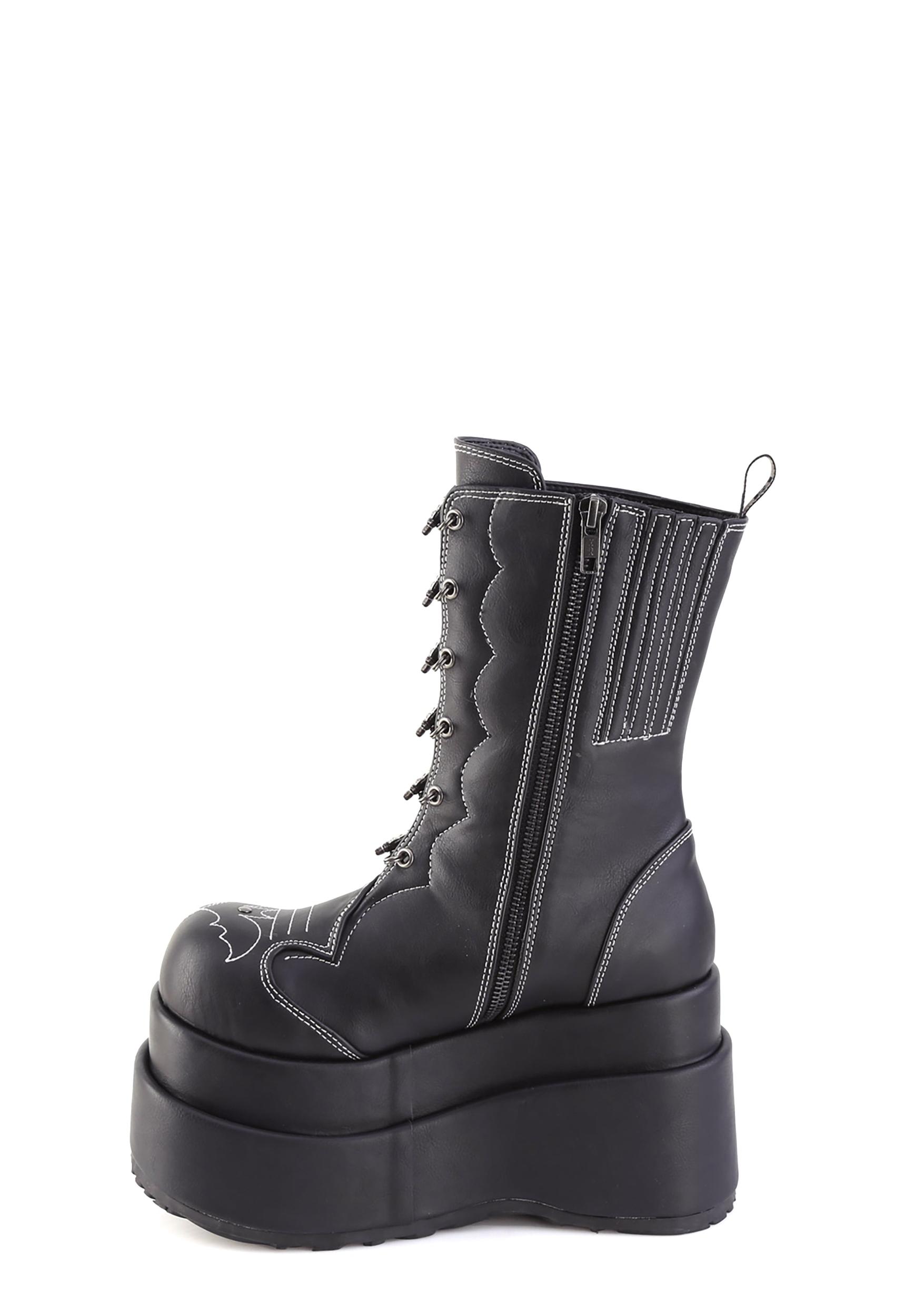 Demonia Bear-182 Platform Boots With Bat Stitching - Black Product Image