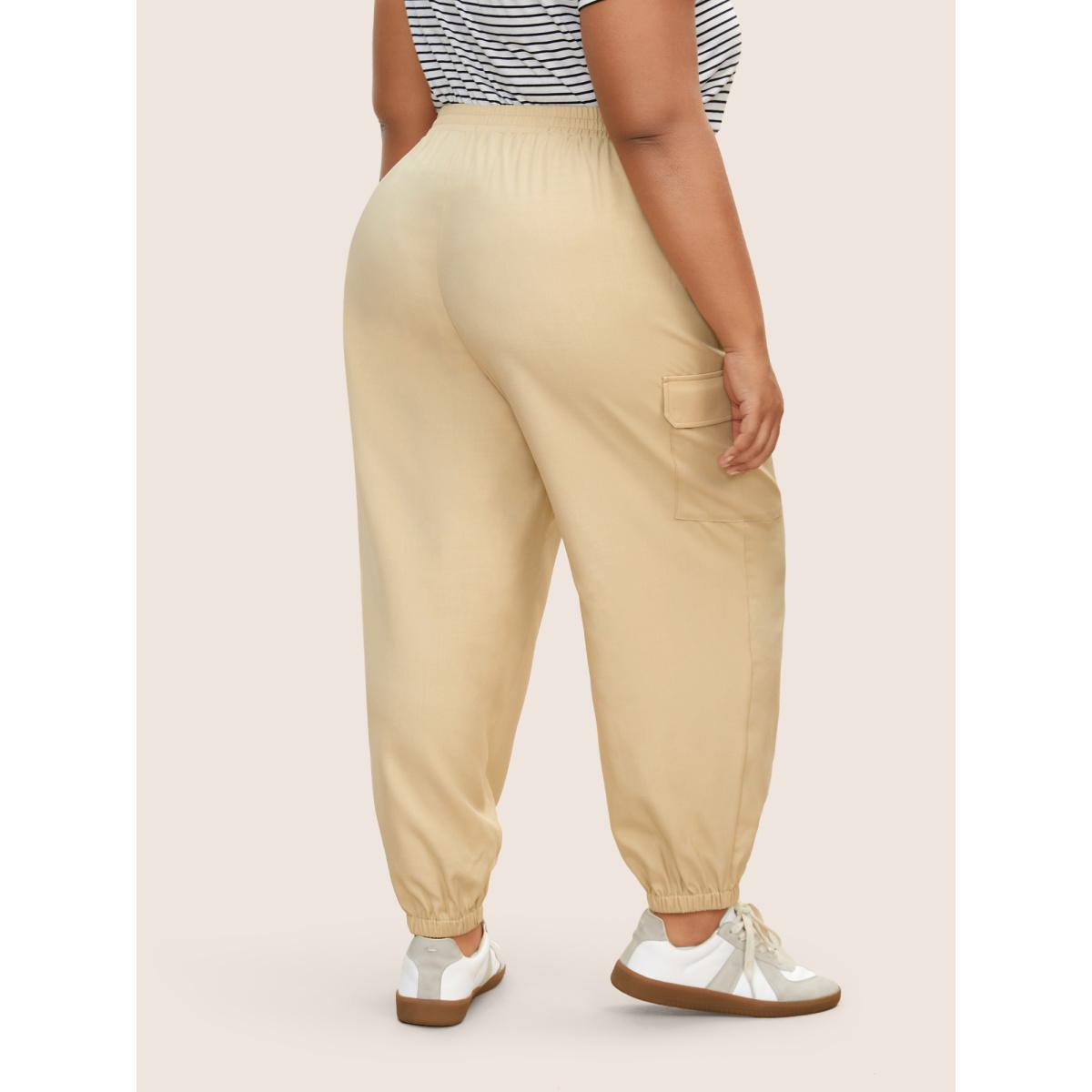Plus Size Patched Pocket Elastic Waist Tapered Pants Women Tan Casual Harem High Rise Everyday Pants BloomChic 14-16/1X Product Image