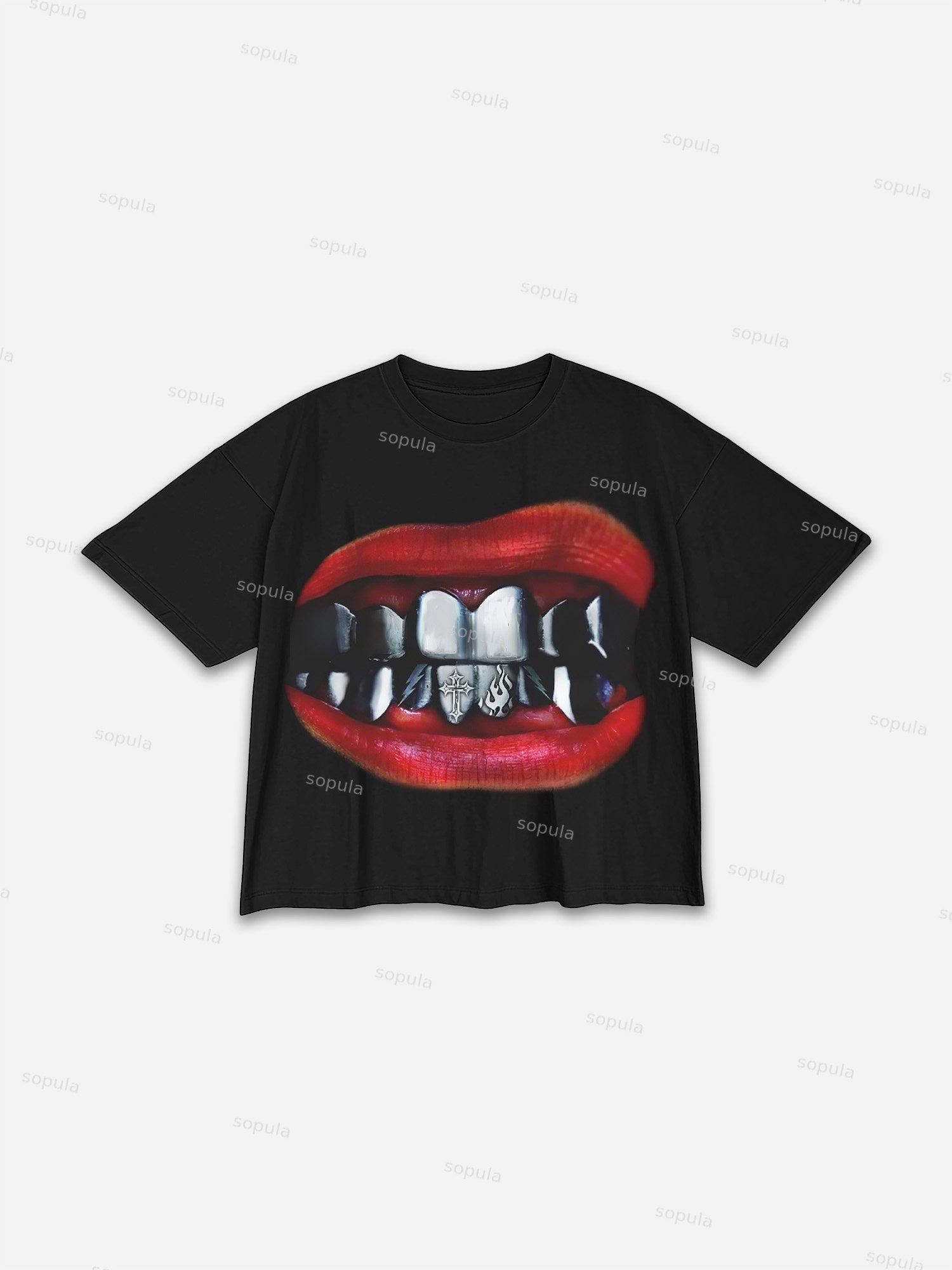 Mouth Printed Three-Quarter Sleeve Cropped T-Shirt Product Image