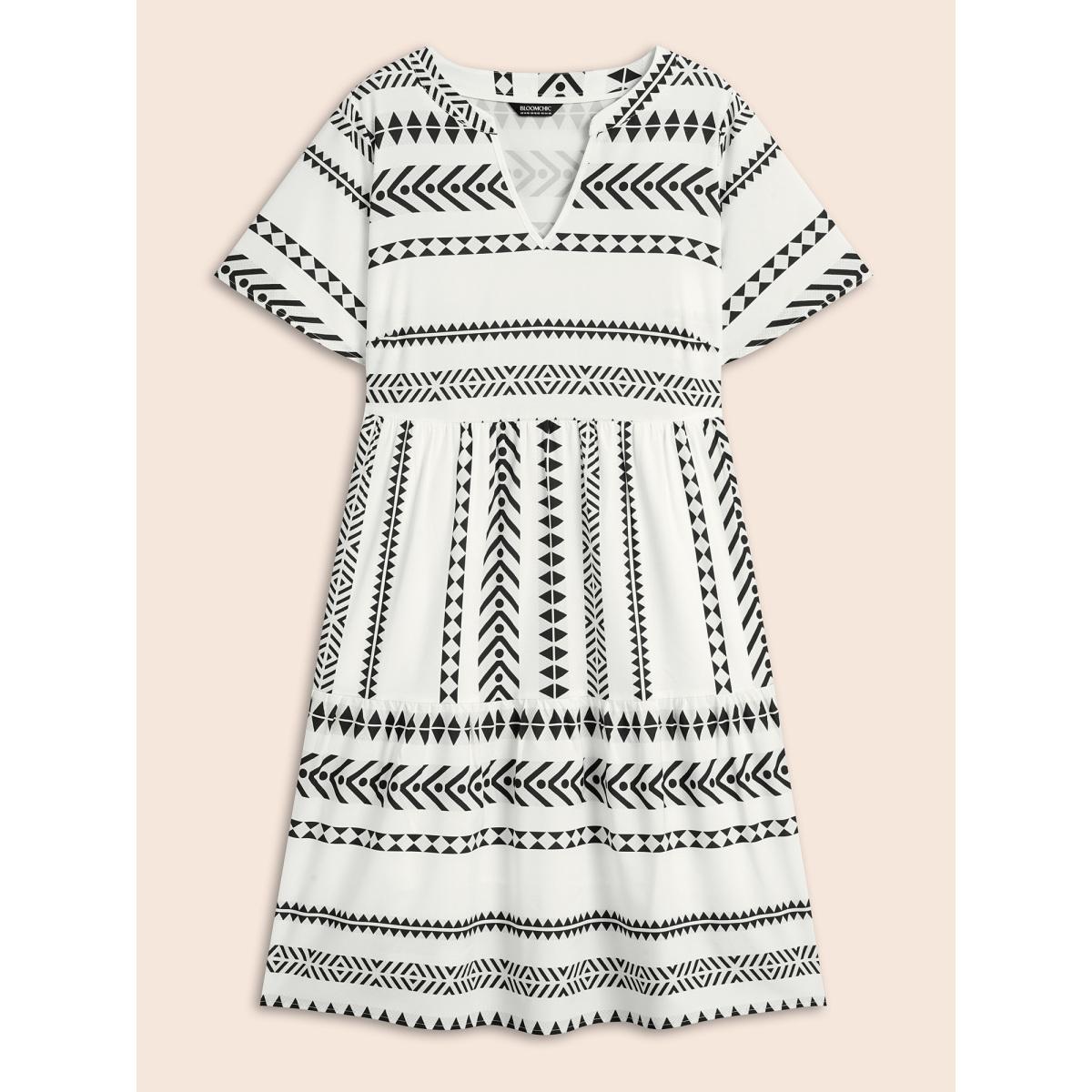Plus Size Bandana Geometric Ruffle Sleeve Babydoll Dress White Women Vacation Notched collar Short sleeve Curvy Knee Dress BloomChic 14-16/1X Product Image