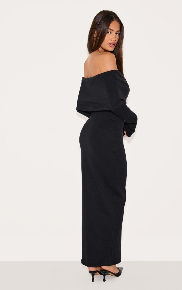 Black Rib Fold Over Bardot Button Maxi Dress Product Image