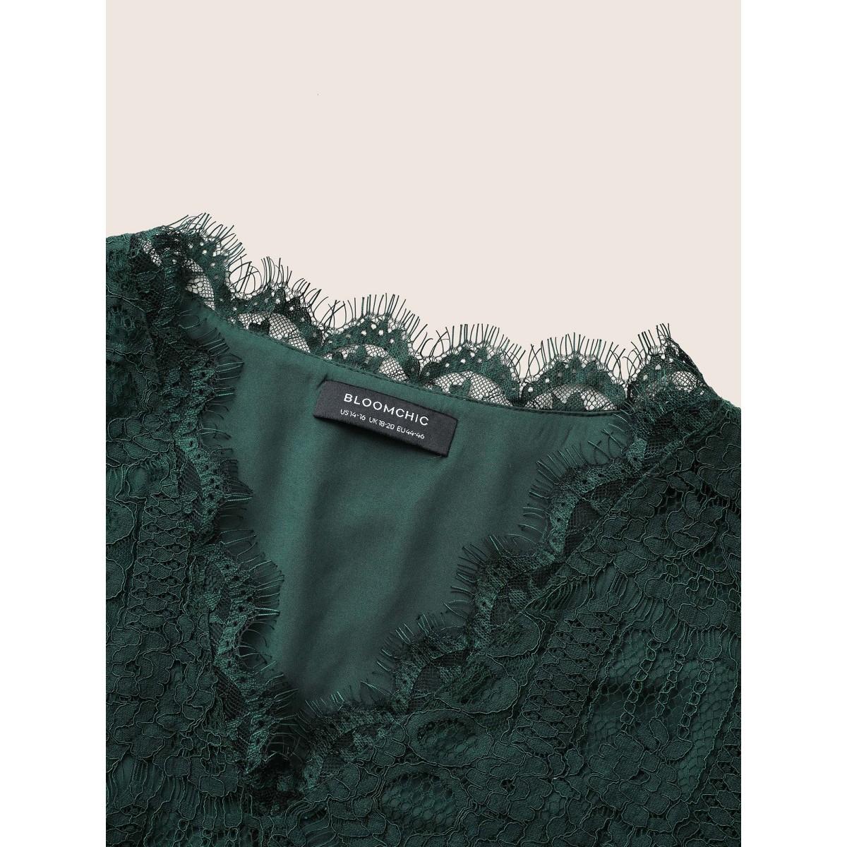 Plus Size DarkGreen Solid Lace Patchwork Elastic Waist Blouse Women Elegant Long Sleeve V-neck Party Blouses BloomChic 18-20/2X Product Image