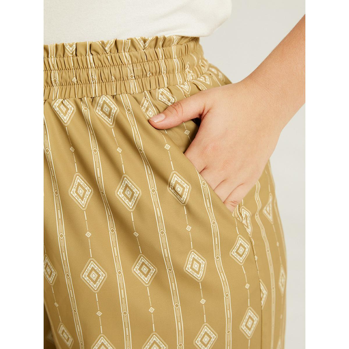 Plus Size Boho Print Drawstring Elastic Waist Pants Women Yellow Vacation Straight Leg High Rise Dailywear Pants BloomChic 10/M Product Image