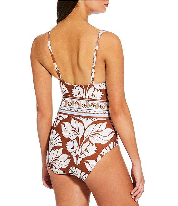 Alex Marie Signature Sculpt Nouveau Tropical V-Neck Belted Tortoise Ring One Piece Swimsuit Product Image
