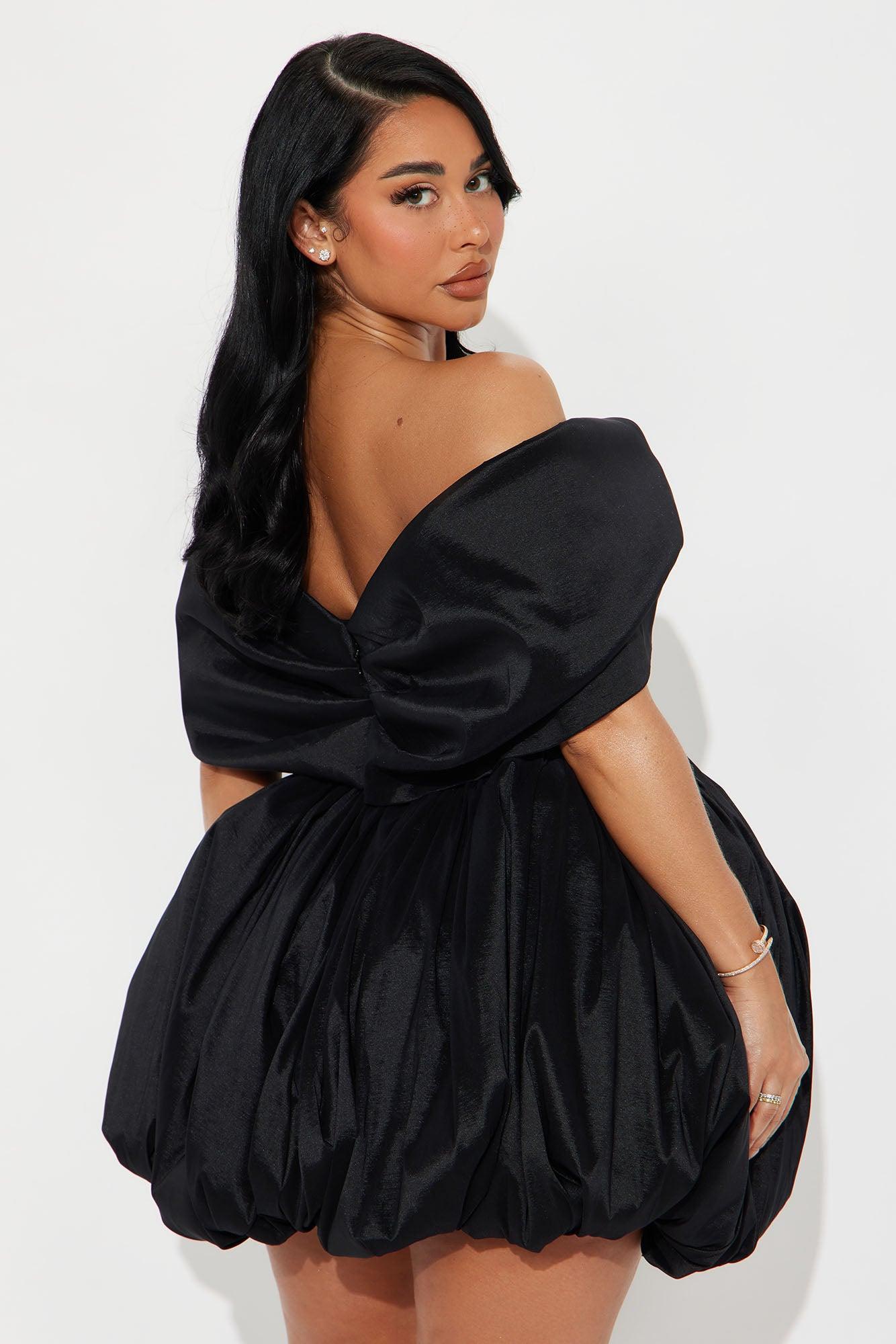 Heavenly Aura Satin Bubble Mini Dress - Black Product Image