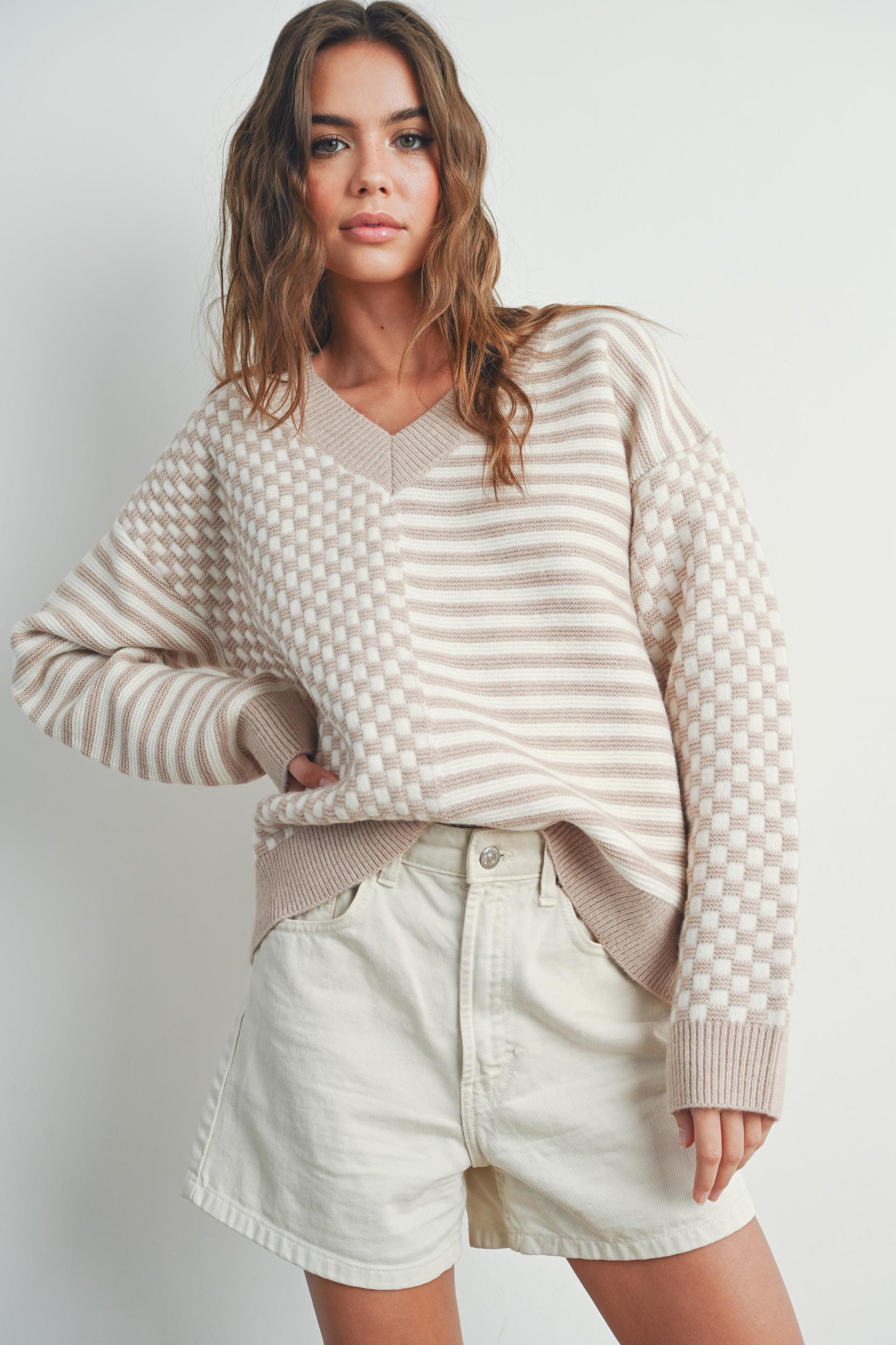 Checker V neck Cozy Sweater Product Image